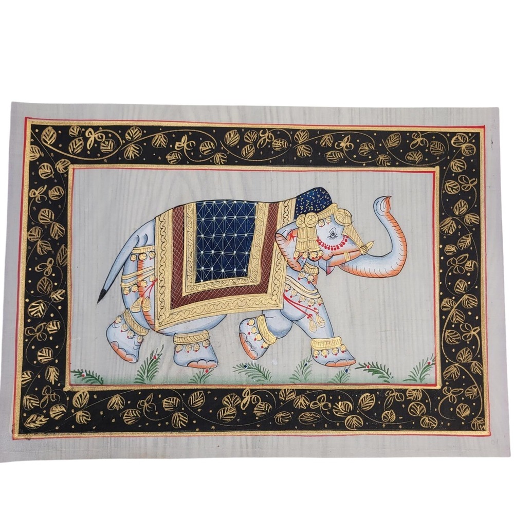 Indian Silk Painting Royal Elephant 10x13 Multicolor Gold Leaf Border Vtg Circus